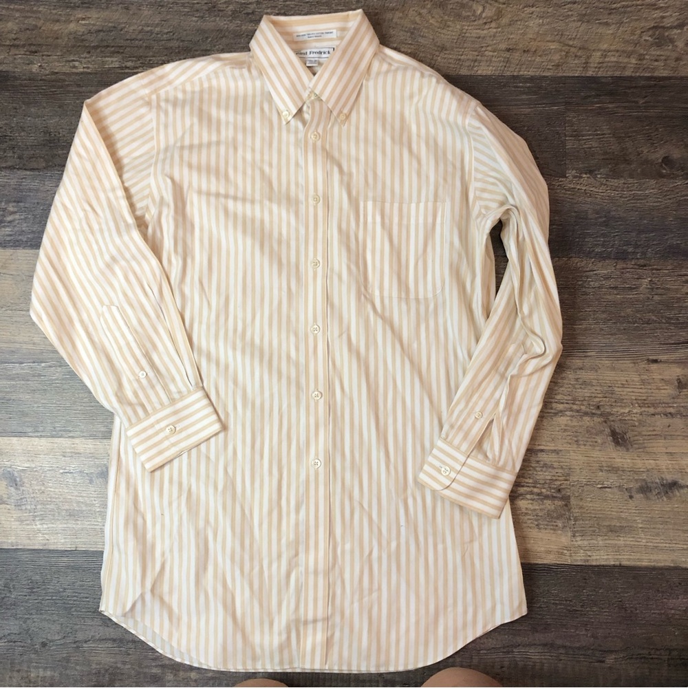 Paul Fredrick Men's beige striped Button Front Shirt Slim Fit Size 15 1/2-31